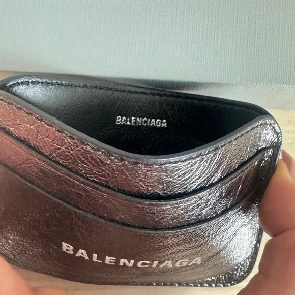 BALENCIAGA LOGO Metallic Silver Leather Credit Card Cash Cardholder Wallet NEW - Picture 10 of 14
